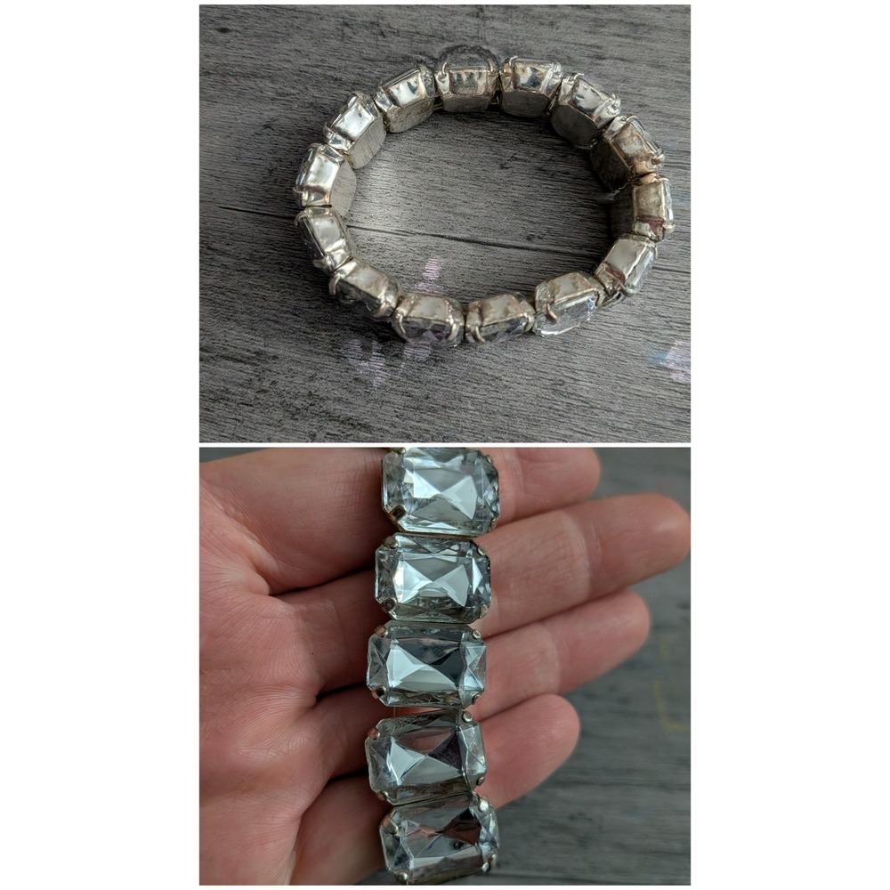 Vintage Style Emerald Cut Clear Crystal Stretch Bracelet Silver Tone Statement